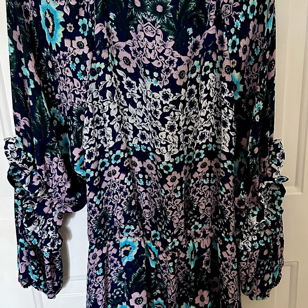 Parker Ruffled Neckline Drop Waist Dress Long Ruffled Sleeve Size L Black Floral